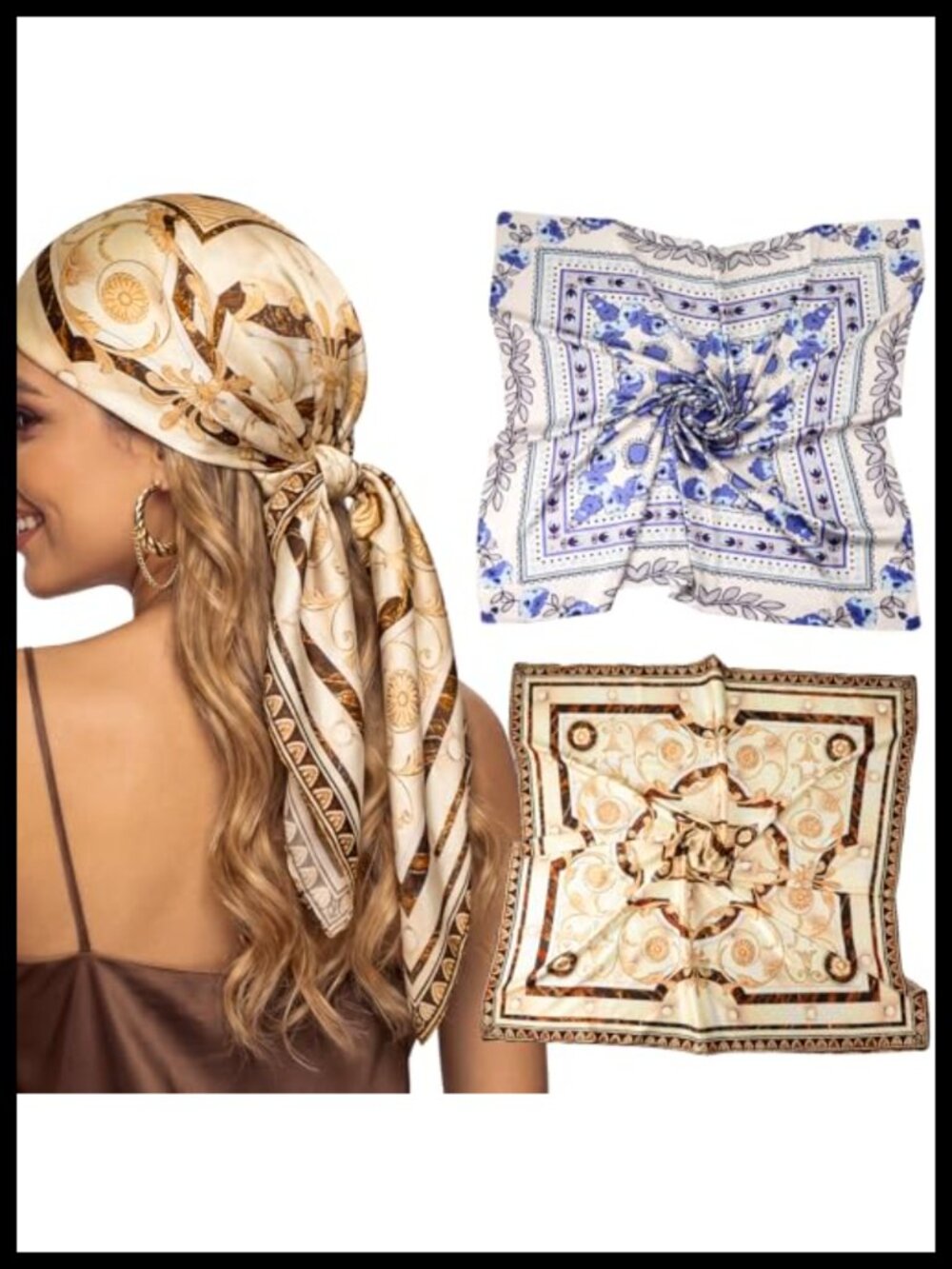 Large Square Silk Hair Scarf Wrap Set - Women's Neck Head Scarf